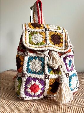 Handcrafted Cream Multicolor Crochet Backpack